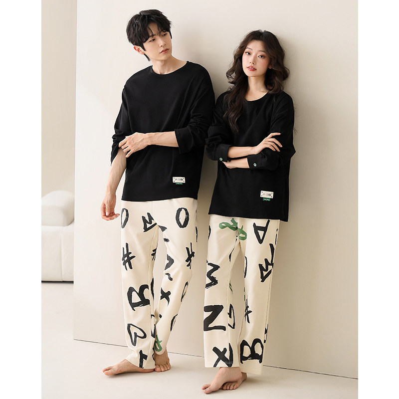 新款情侣睡衣春秋纯棉长袖套头黑色显瘦减龄休闲可外穿家居服男女