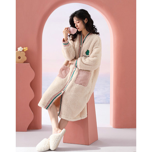 2024新款珊瑚绒睡袍女士秋冬季长版睡裙加绒加厚开 衫晨袍睡衣浴