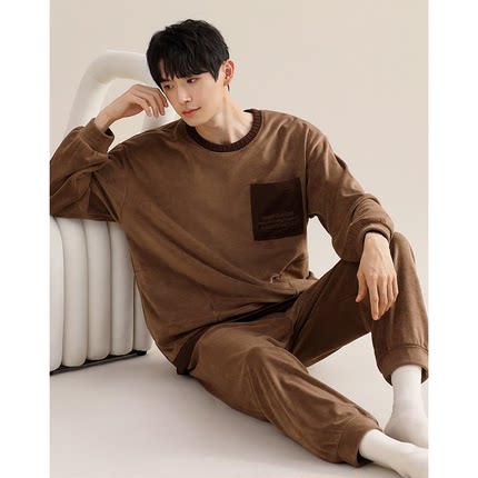 秋冬款男士睡衣珊瑚绒简约套头家居服春秋加厚保暖海岛绒薄绒套装