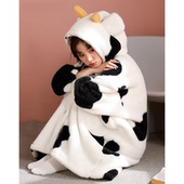 可爱奶牛睡衣女秋冬季 加厚法兰绒家居服冬天浴袍 珊瑚绒睡袍裙长款