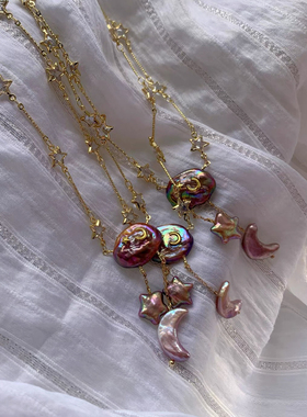 浓郁炫彩油画彩紫色星星月亮天然淡水珍珠项链锁骨链短项链少女心