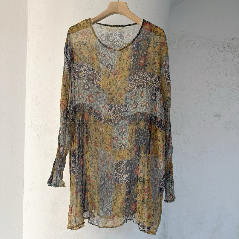 2025夏季新款大码女装印花真丝顺纡套头上衣100%桑蚕丝套头罩衫