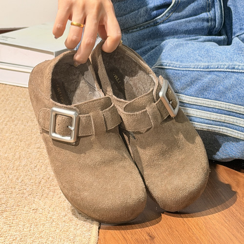 磨砂真皮内增高两穿勃肯鞋女