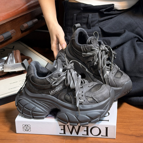 欧货真皮系带加绒厚底老爹鞋女