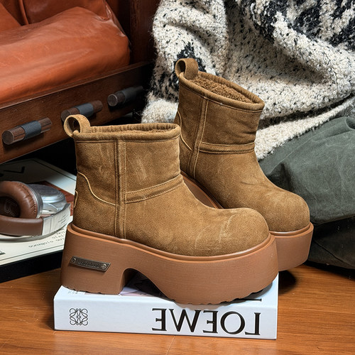 磨砂真皮厚底粗跟马丁靴女