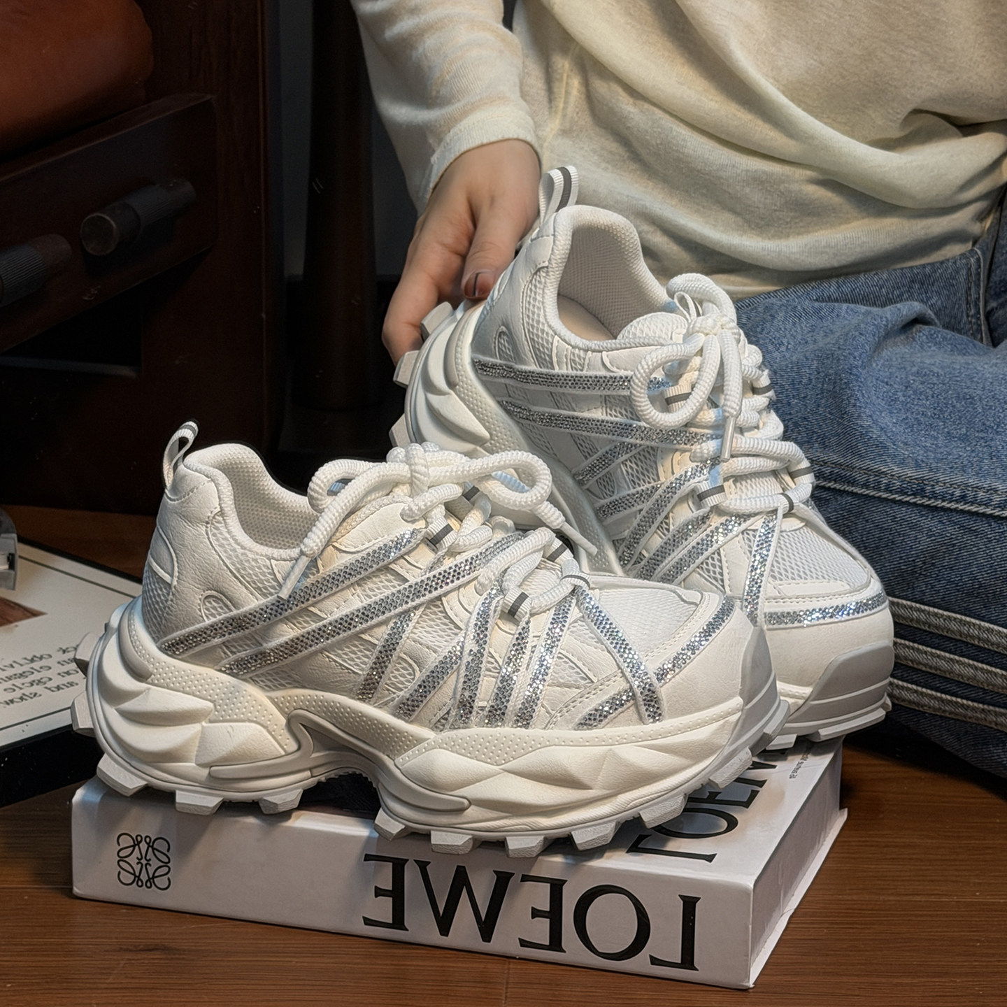 欧货真皮水钻绑带松糕厚底老爹鞋女复古百搭小个子增高休闲运动鞋