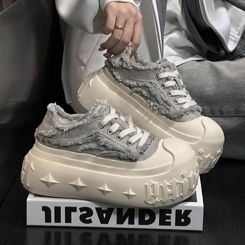 牛仔布大头系带厚底面包鞋