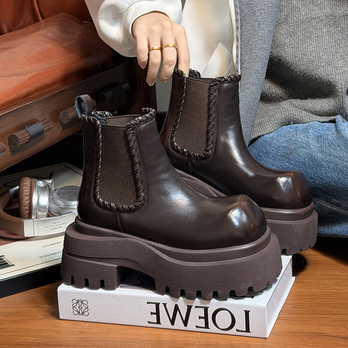 真皮加绒大头厚底松糕马丁靴女