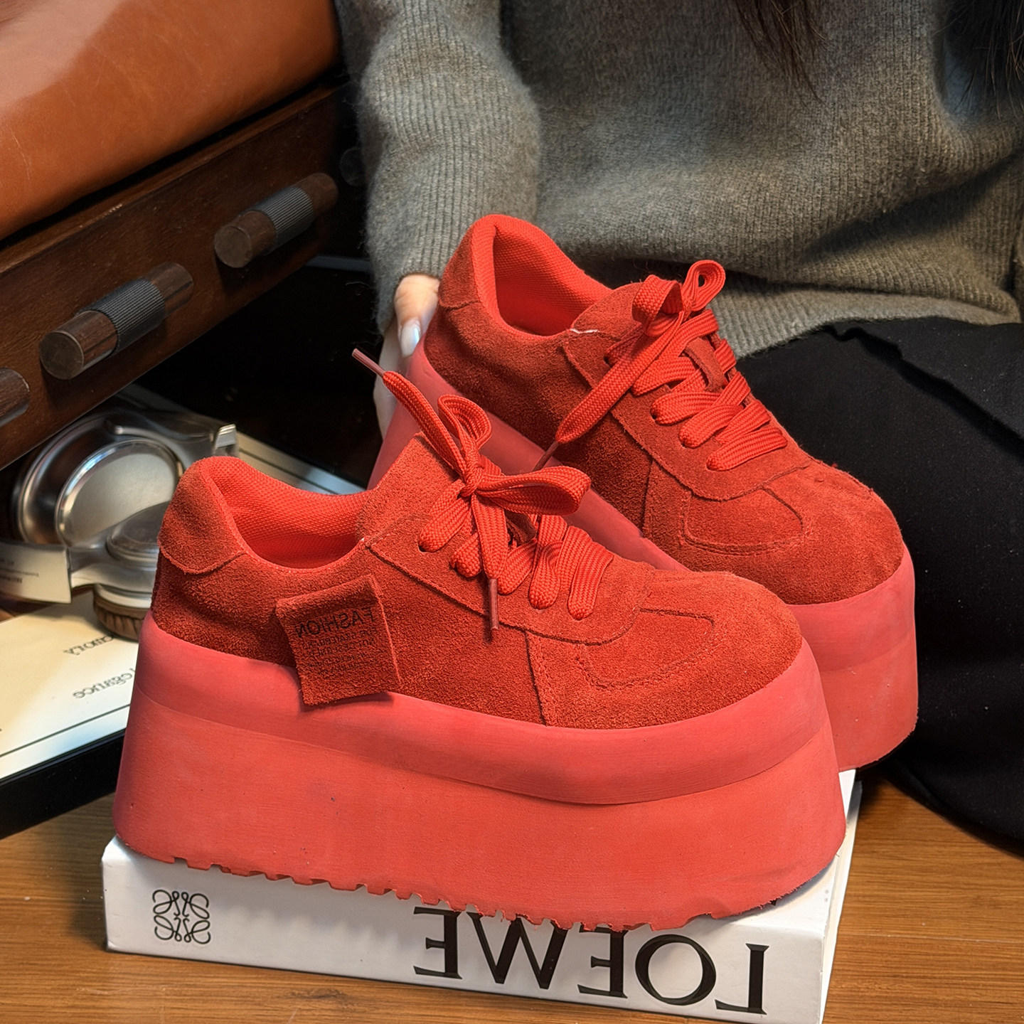 复古真皮做旧松糕厚底德训鞋女面包鞋百搭小个子增高休闲板鞋单鞋,女鞋,松糕（摇摇）鞋,淘宝优惠券,粉丝福利购,淘宝优惠卷