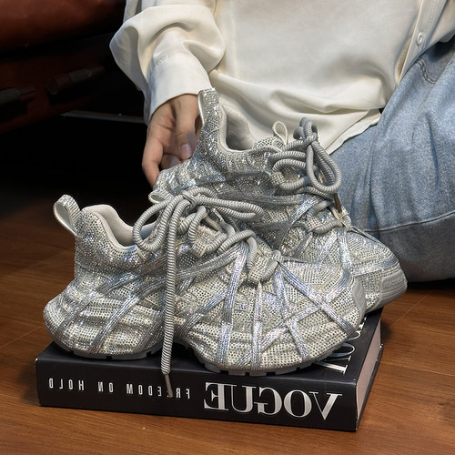 欧货水钻满钻绑带厚底老爹鞋女