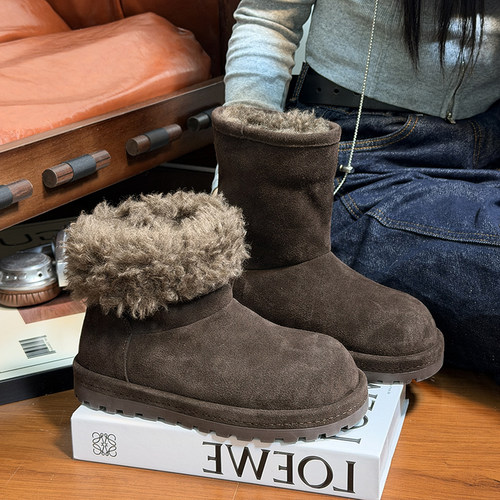 磨砂真皮羊毛大头厚底雪地靴女