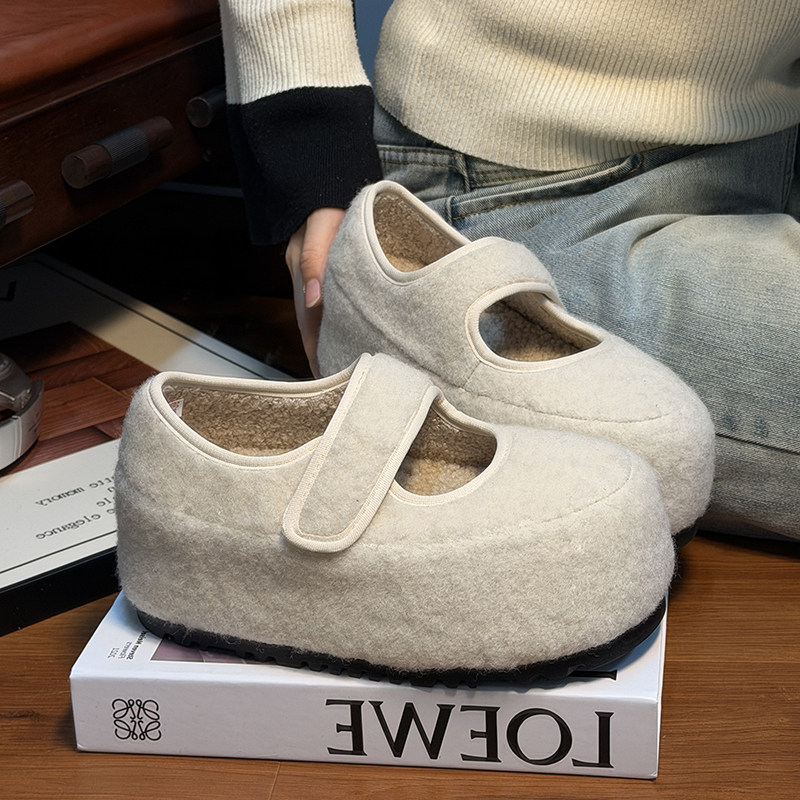 网红毛呢大头面包鞋女厚底毛毛鞋