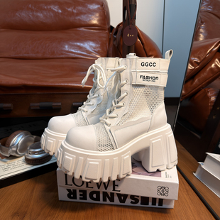 欧货真皮网面透气松糕厚底马丁靴女夏季 小个子增高网靴短靴子 薄款