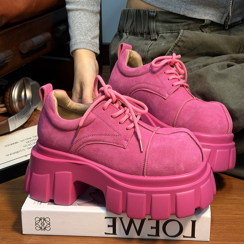 磨砂真皮糖果色松糕厚底小皮鞋女大头勃肯鞋百搭小个子增高乐福鞋