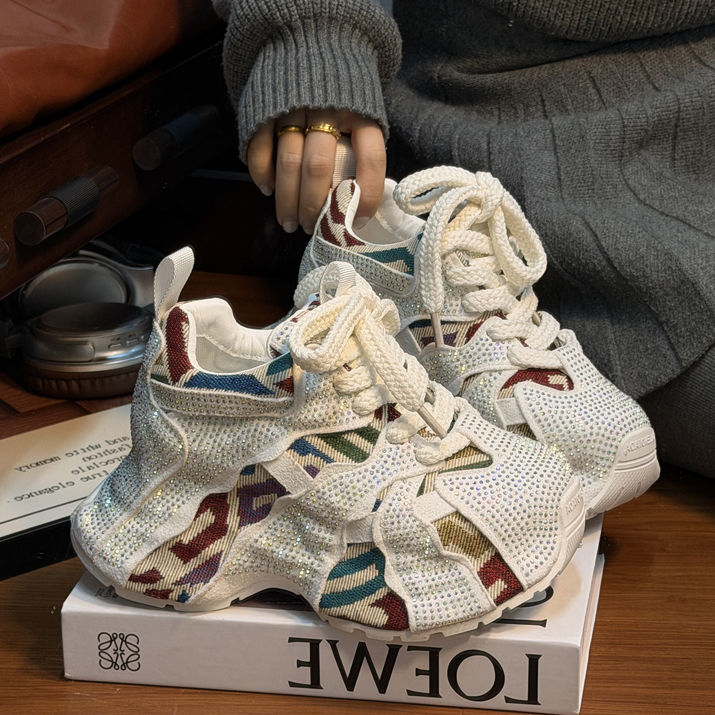 欧货水钻满钻绑带厚底老爹鞋女2025新款时尚小个子增高休闲运动鞋,女鞋,老爹鞋,淘宝优惠券,粉丝福利购,淘宝优惠卷