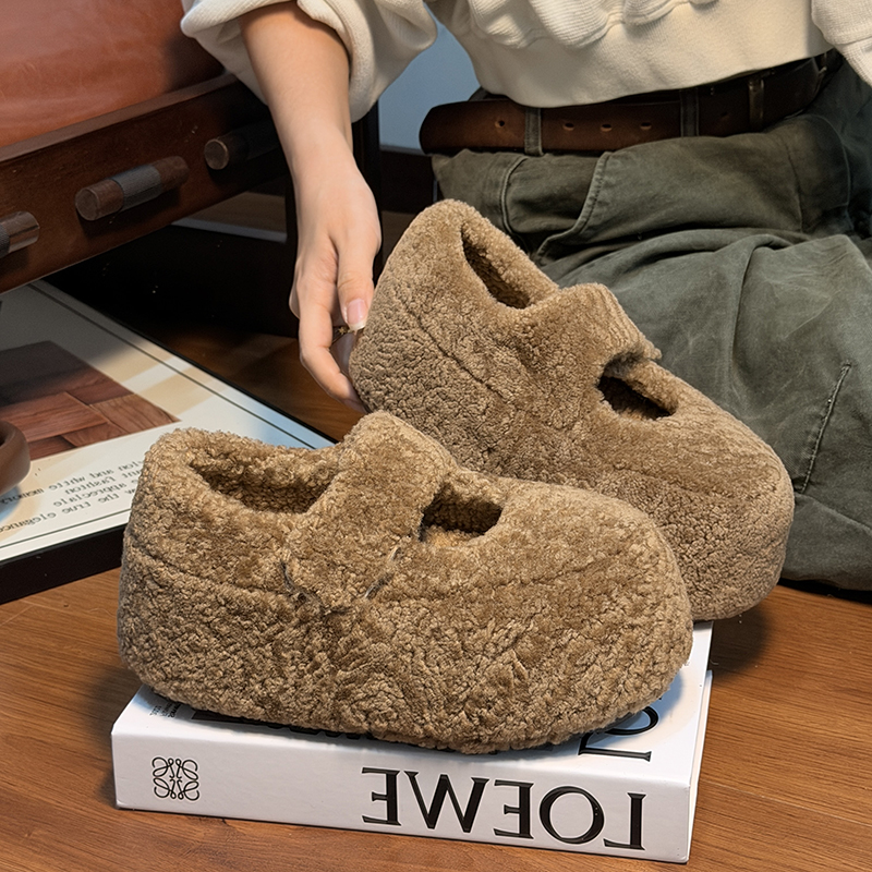 网红羊羔毛大头松糕厚底面包鞋女