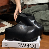 欧货牛皮松糕厚底大头勃肯鞋 女复古真皮增高一脚蹬懒人包头半拖鞋