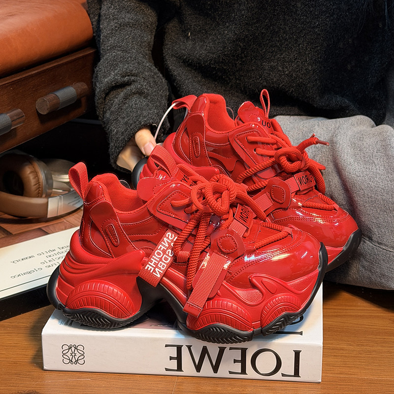 欧货真皮系带松糕厚底老爹鞋女2025新款百搭小个子增高休闲运动鞋,女鞋,老爹鞋,淘宝优惠券,粉丝福利购,淘宝优惠卷