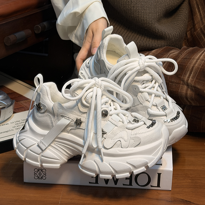 欧货真皮铆钉系带厚底老爹鞋女