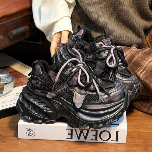 欧货真皮系带松糕厚底老爹鞋女