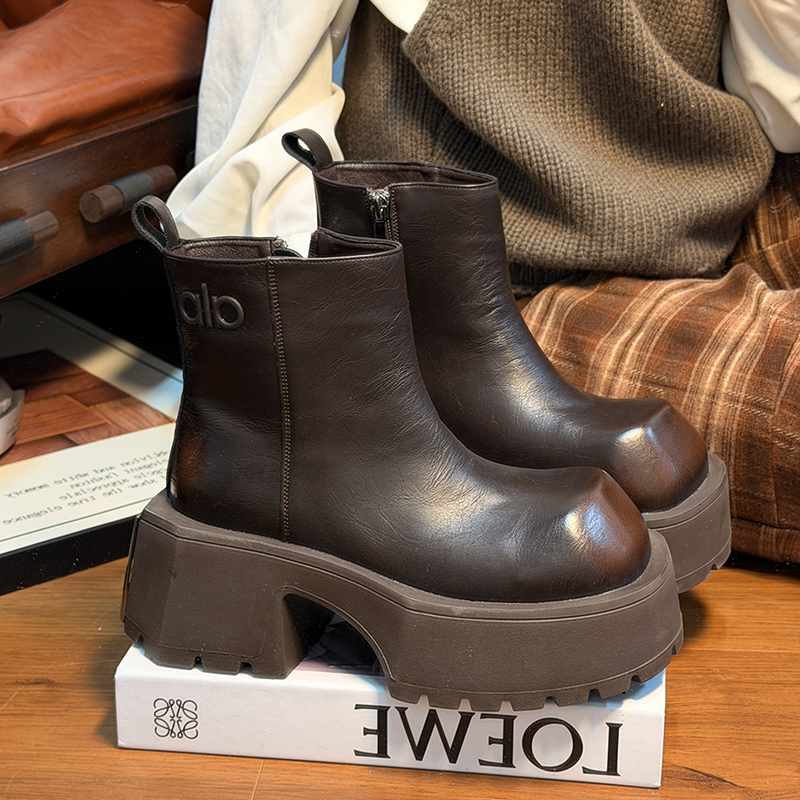 复古真皮松糕厚底马丁靴女英伦风