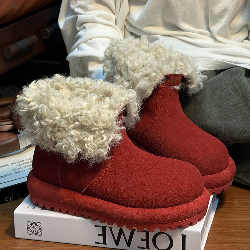 真皮羊毛大头厚底中筒雪地靴女