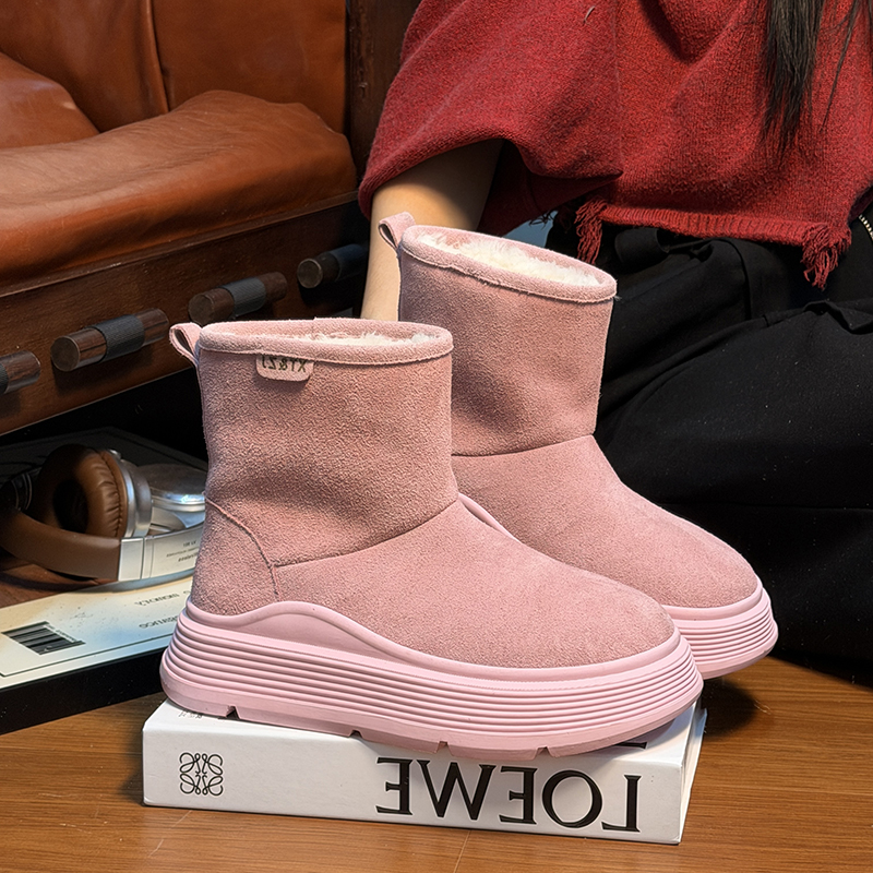 复古真皮大头松糕厚底雪地靴女