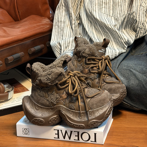 磨砂真皮毛毛加绒厚底老爹鞋女