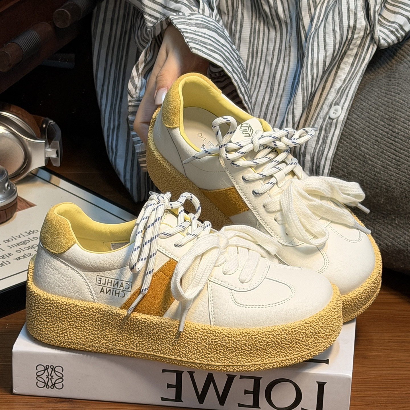 复古真皮系带松糕厚底德训鞋女面包鞋百搭双鞋带增高休闲运动板鞋,女鞋,德训鞋,淘宝优惠券,粉丝福利购,淘宝优惠卷