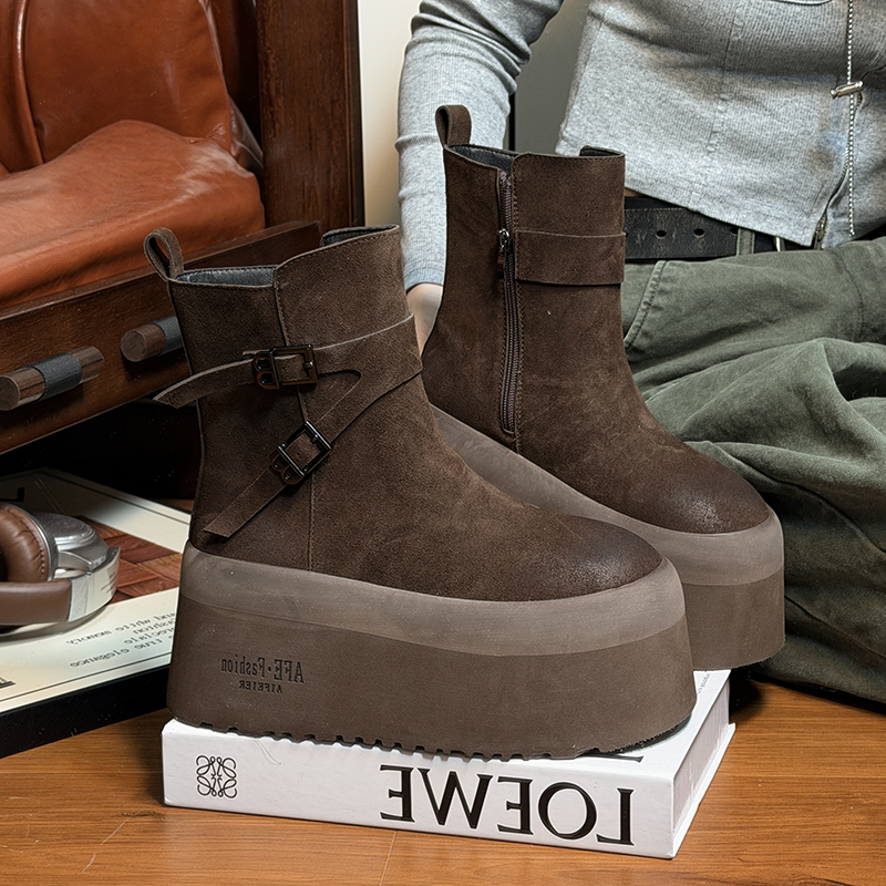 复古真皮松糕厚底马丁靴女加绒