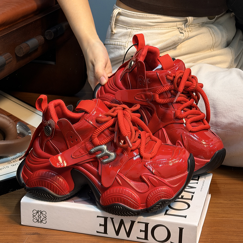 欧货真皮系带松糕厚底老爹鞋女