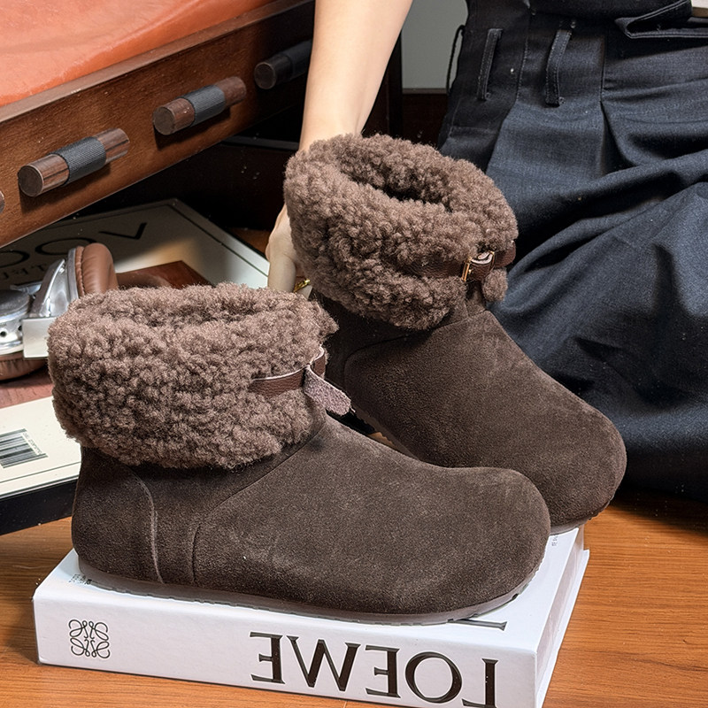 磨砂真皮羊毛加绒保暖雪地靴女2025冬季新款复古大头厚底勃肯短靴