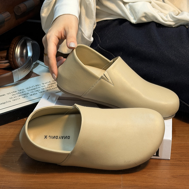 2026春季新款真皮圆头平底软底两穿勃肯鞋女复古豆豆鞋瓢鞋乐福鞋,女鞋,穆勒鞋,淘宝优惠券,粉丝福利购,淘宝优惠卷