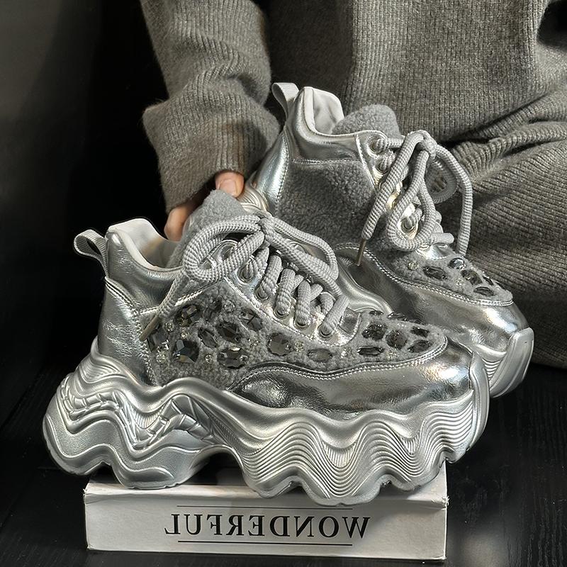 水钻加绒松糕厚底休闲运动鞋女