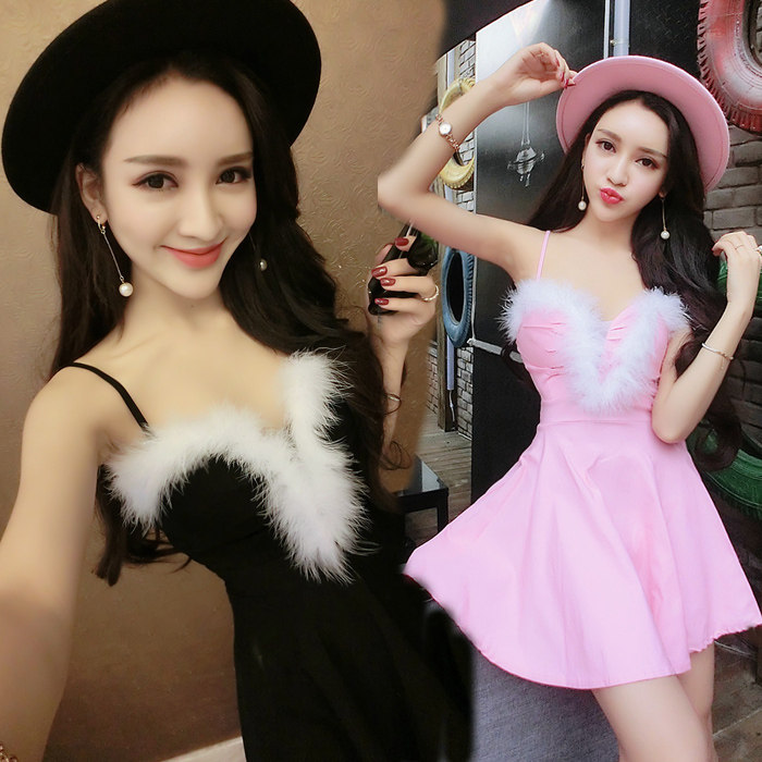 夜场酒吧KTV公主工服性感低胸显瘦收腰吊带裙毛毛领小个子连衣裙