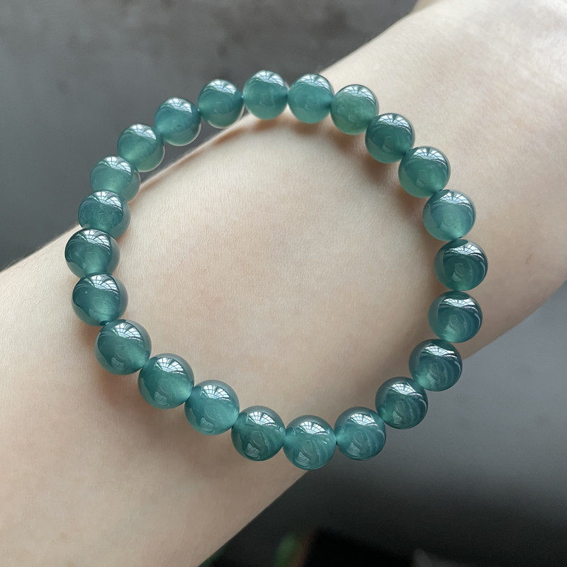 天然翡翠A货冰种深色蓝水正品圆珠手链女款单圈手串玉石7.8mm保真
