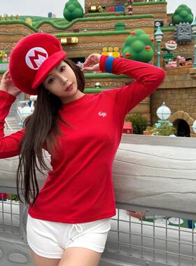 CH克洛心打底衫长袖t恤红色全棉修身女休闲显瘦春秋冬打底圆领