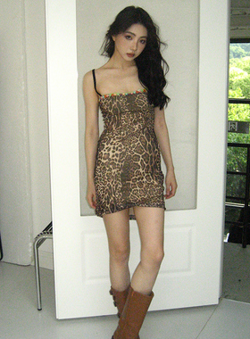 Danielle Guizio豹纹吊带连衣裙性感轻薄欧美小众设计师y2k辣妹风