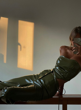 tiger mist绿色PU皮裤辣妹套装欧美小众设计师性感抹胸+长裤套装