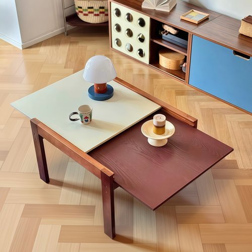 中古风实木拼色可抽拉茶几