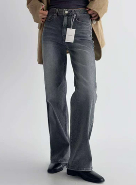 OH YEAH韩国代购东大门秋季新款高腰窄版灰色宽松直筒牛仔裤长裤