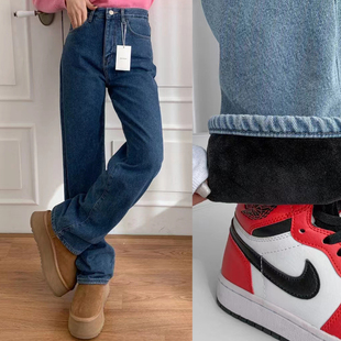 一条过冬 高腰宽松水洗2色蓝色直筒牛仔长裤 加厚绒OH YEAH韩国代购