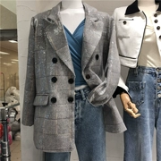 Phụ nữ 2019 làn sóng mới mùa thu và mùa đông Hàn Quốc của bộ đồ sequin nhỏ kẻ sọc phù hợp với khí chất giản dị áo khoác nữ sang trọng - Business Suit