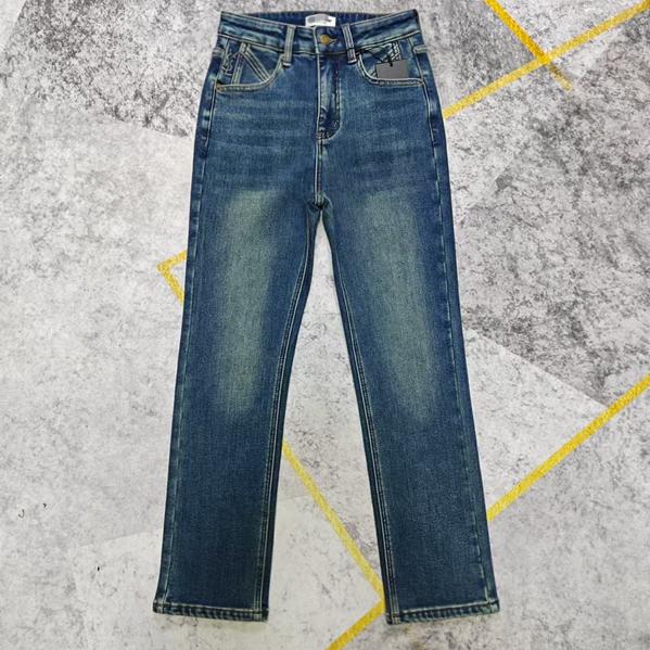 法系 弹力植绒牛仔裤 高腰薄绒直筒裤 加绒加厚烟管裤 保暖法棍裤