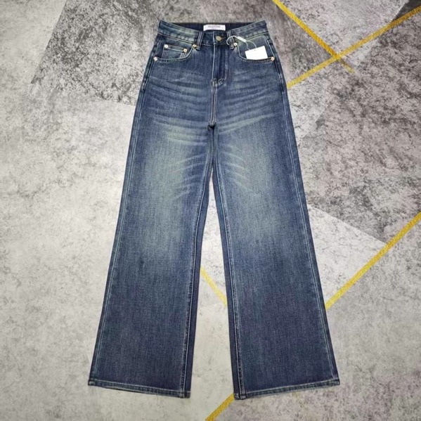 法系 女 高腰窄版阔脚裤 复古四面弹牛仔裤 大直筒裤 瘦版阔脚裤