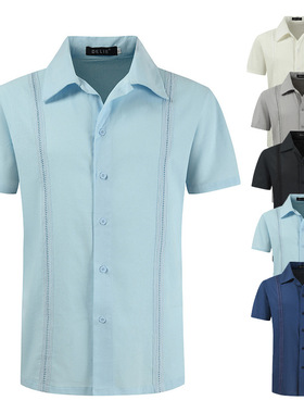 Mens linen short sleeved beach shirt亚麻古巴衬衣短袖沙滩衬衫