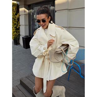 Trendy V-neck Windbreaker Jacket街头潮流翻领中长款风衣外套女