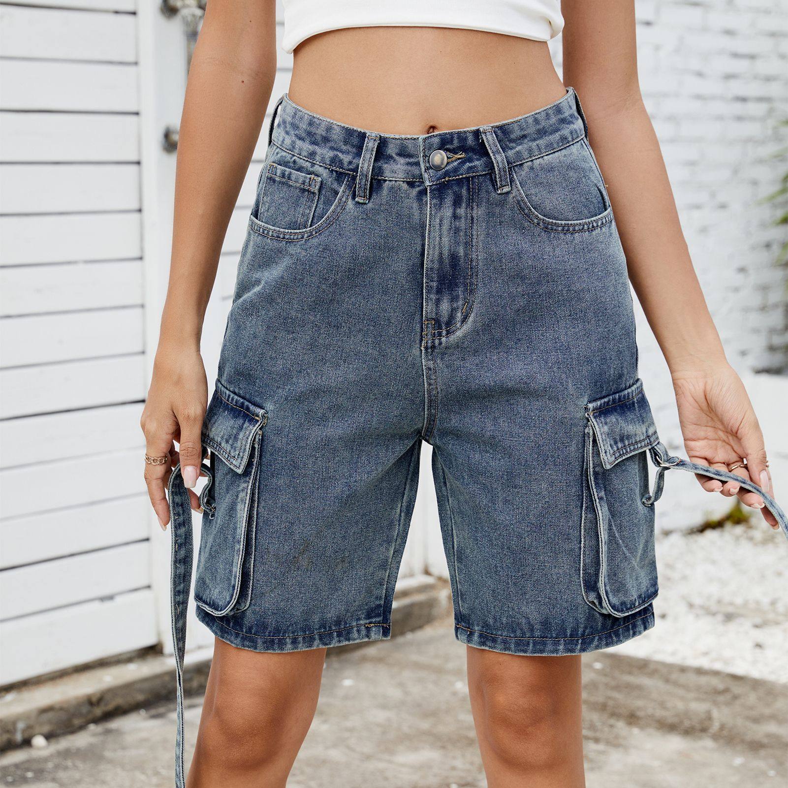 Denim cargo nickel shorts 夏季女装街头水洗牛仔工装五分裤短裤