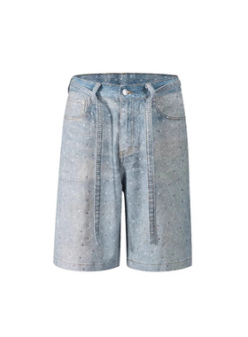 Loose denim capri pants 街头女装宽松牛仔五分裤烫钻加腰带短裤