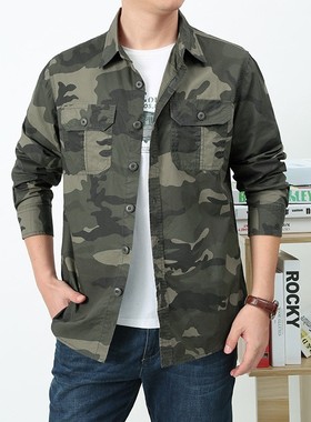 男纯棉衬衫长袖宽松迷彩衬衣外套New tooling outdoor camo shirt